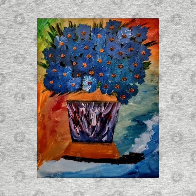 Blue flowers bouquet in a metallic gold and blue vase by kkartwork